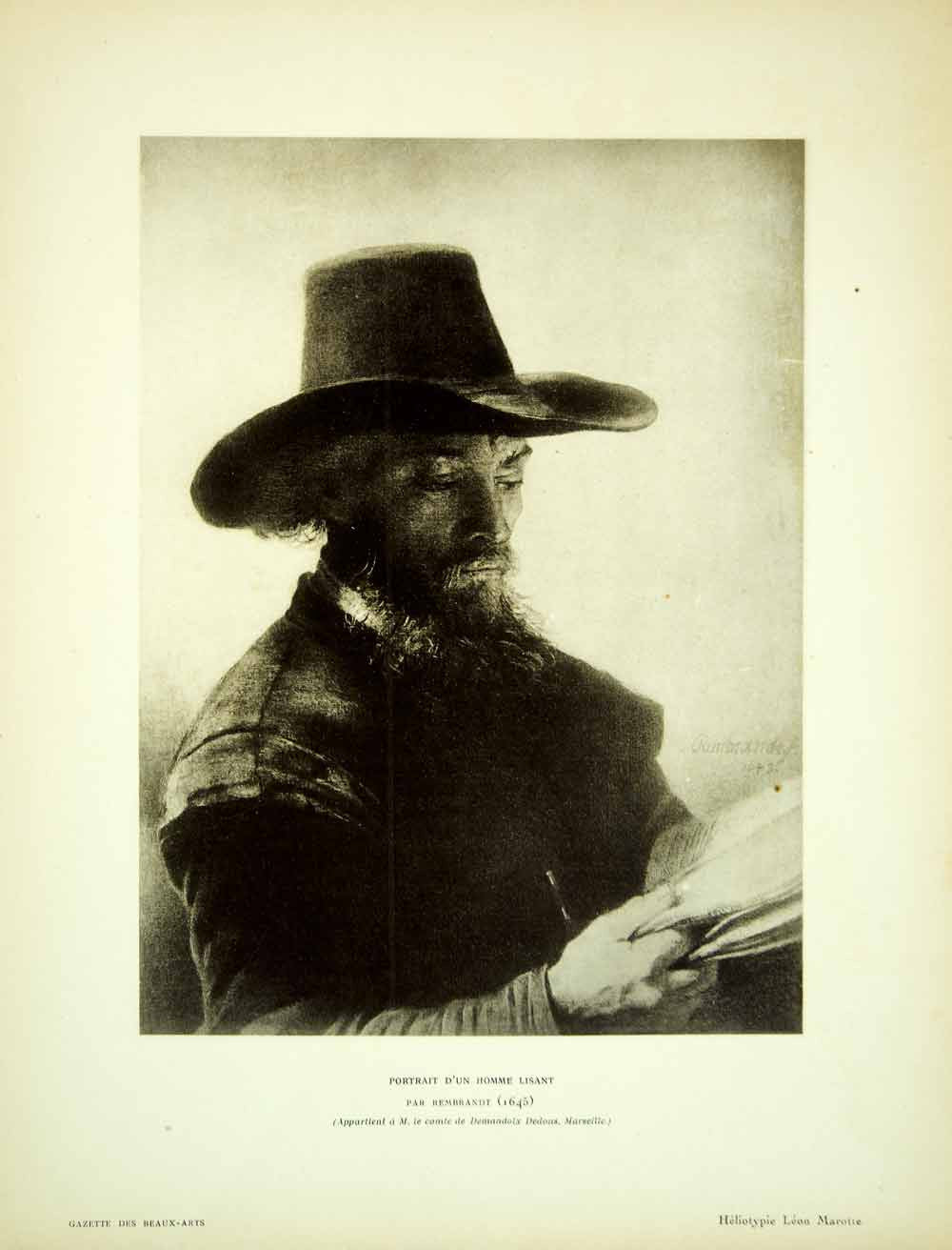 1921 Heliotype Rembrandt Portrait Man Reading Literature Beard Book Hat YGBA1