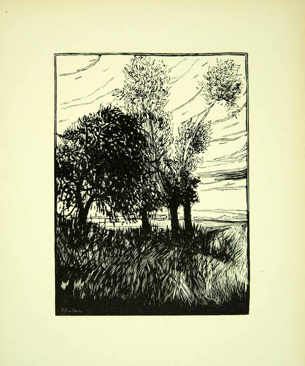 1920 Wood Engraving M. Paul Baudier Landscape Loiret France Field Trees YGBA1