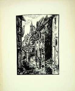 1920 Wood Engraving M. E. Gomien Tannery Quarter Toulouse France Cityscape YGBA1