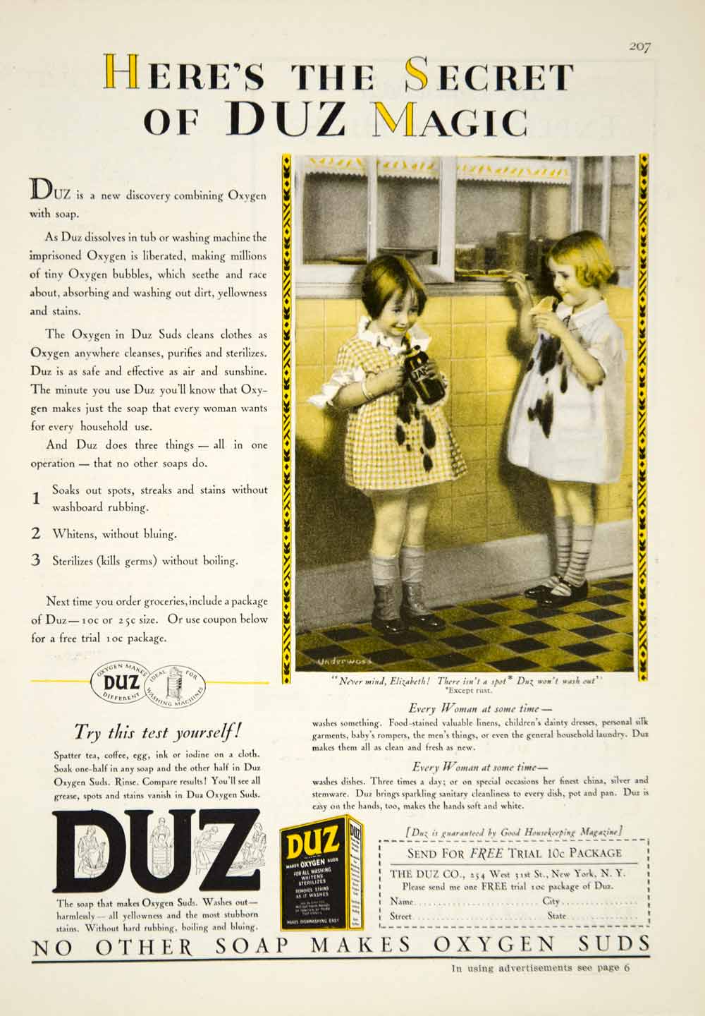1929 Ad Duz Oxygen Soap Laundry Detergent Children Household Twenties Era YGH1