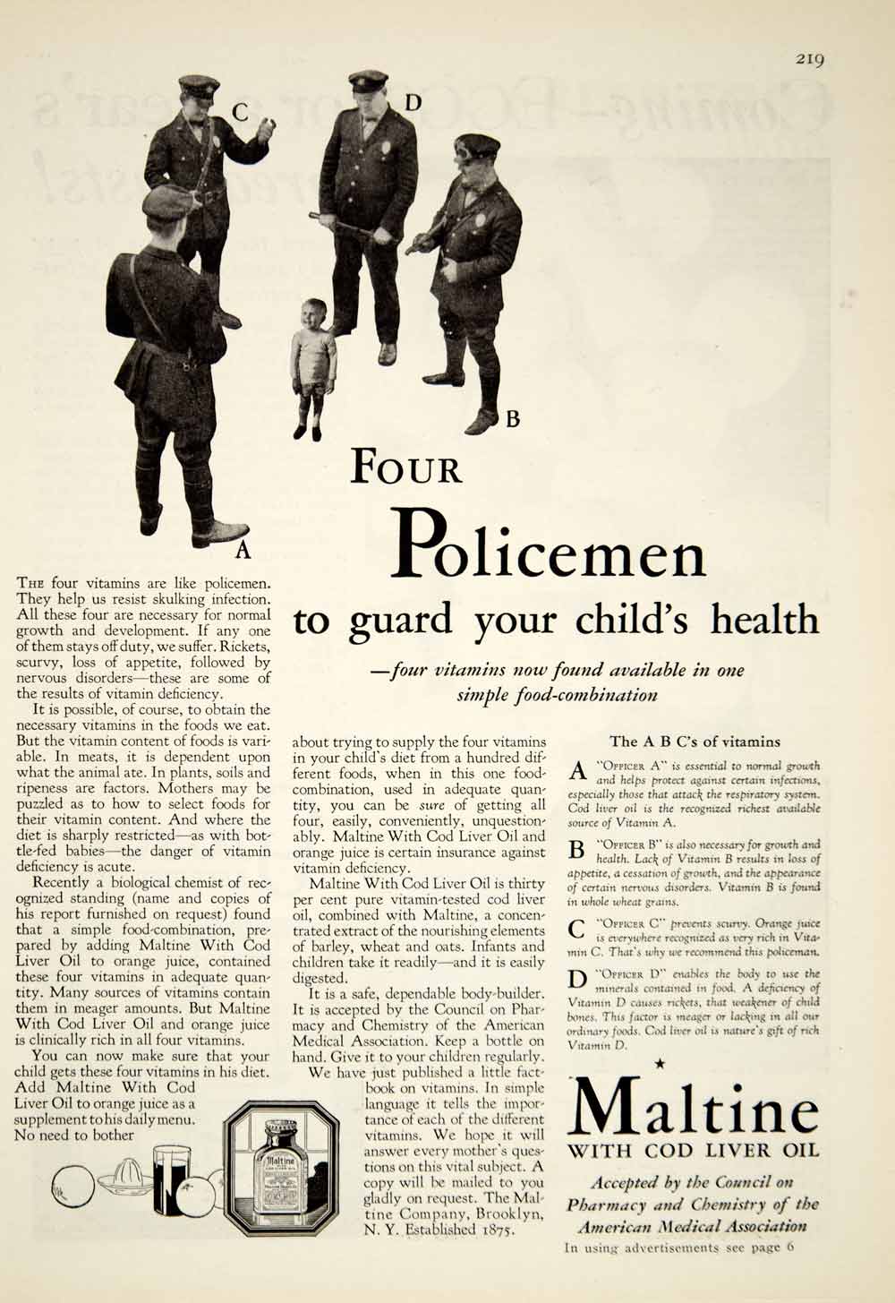 1929 Ad Maltine Cod Liver Oil Child Vitamins Health Medical Quackery Police YGH1