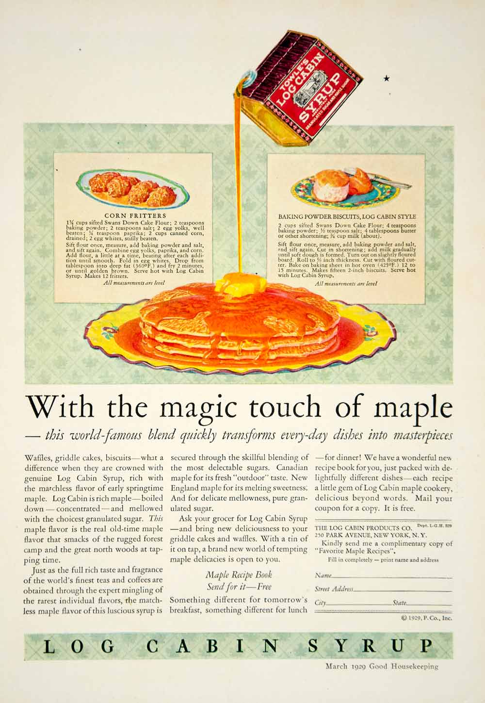 1929 Ad Log Cabin Maple Syrup Pancakes Biscuits Corn Fritters Recipe Food YGH1