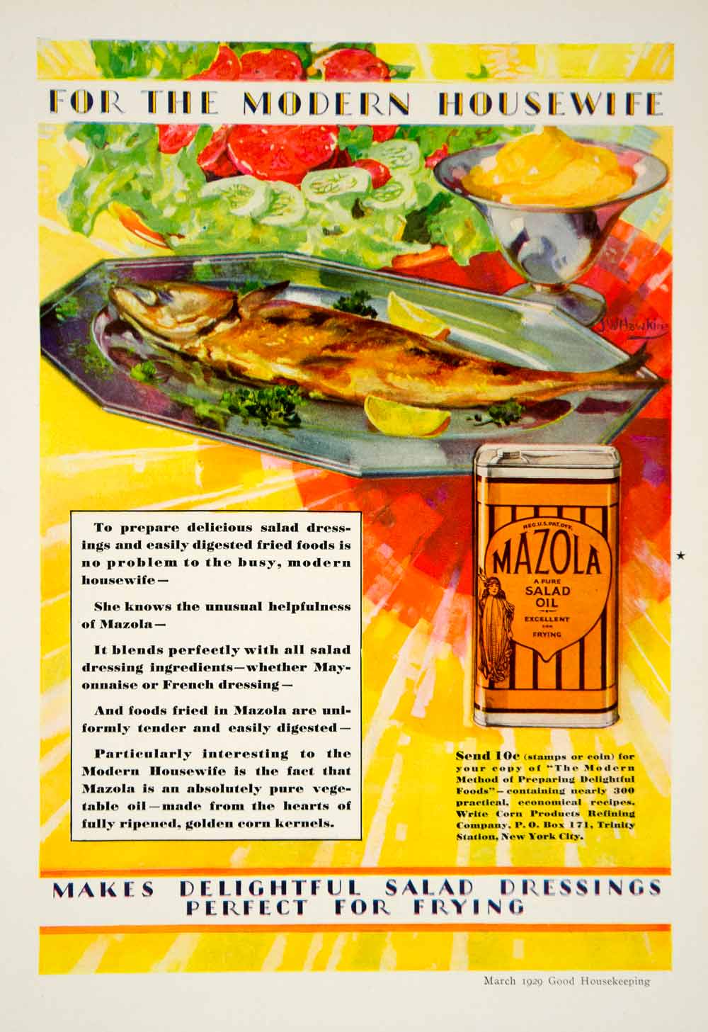 1929 Ad JW Hawkins Art Mazola Salad Oil Dressing Art Deco Kitchen Housewife YGH1
