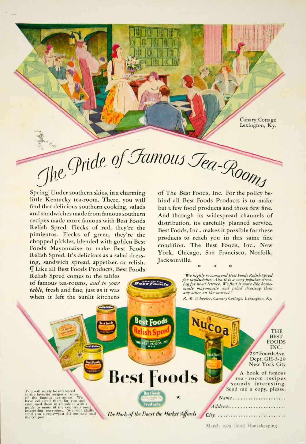 1929 Ad Best Foods Relish Spred Art Deco RM Wheeler Canary Cottage KY Mayo YGH1