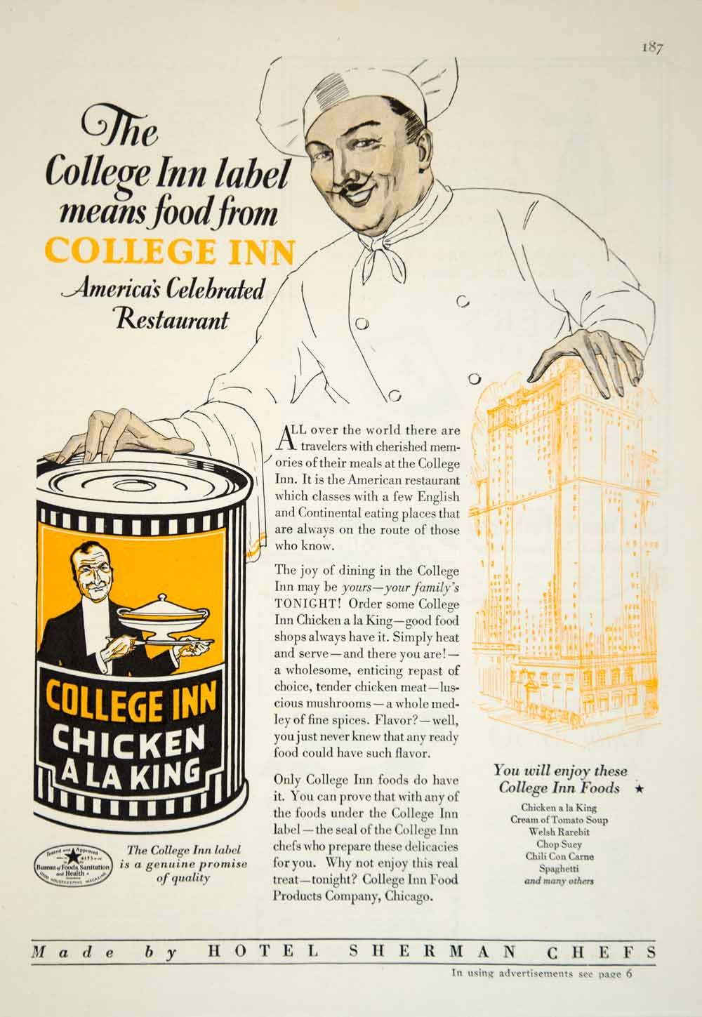 1929 Ad College Inn Chicken A La King Canned Food Meat Chef Kitchen Cooking YGH1 - Period Paper
