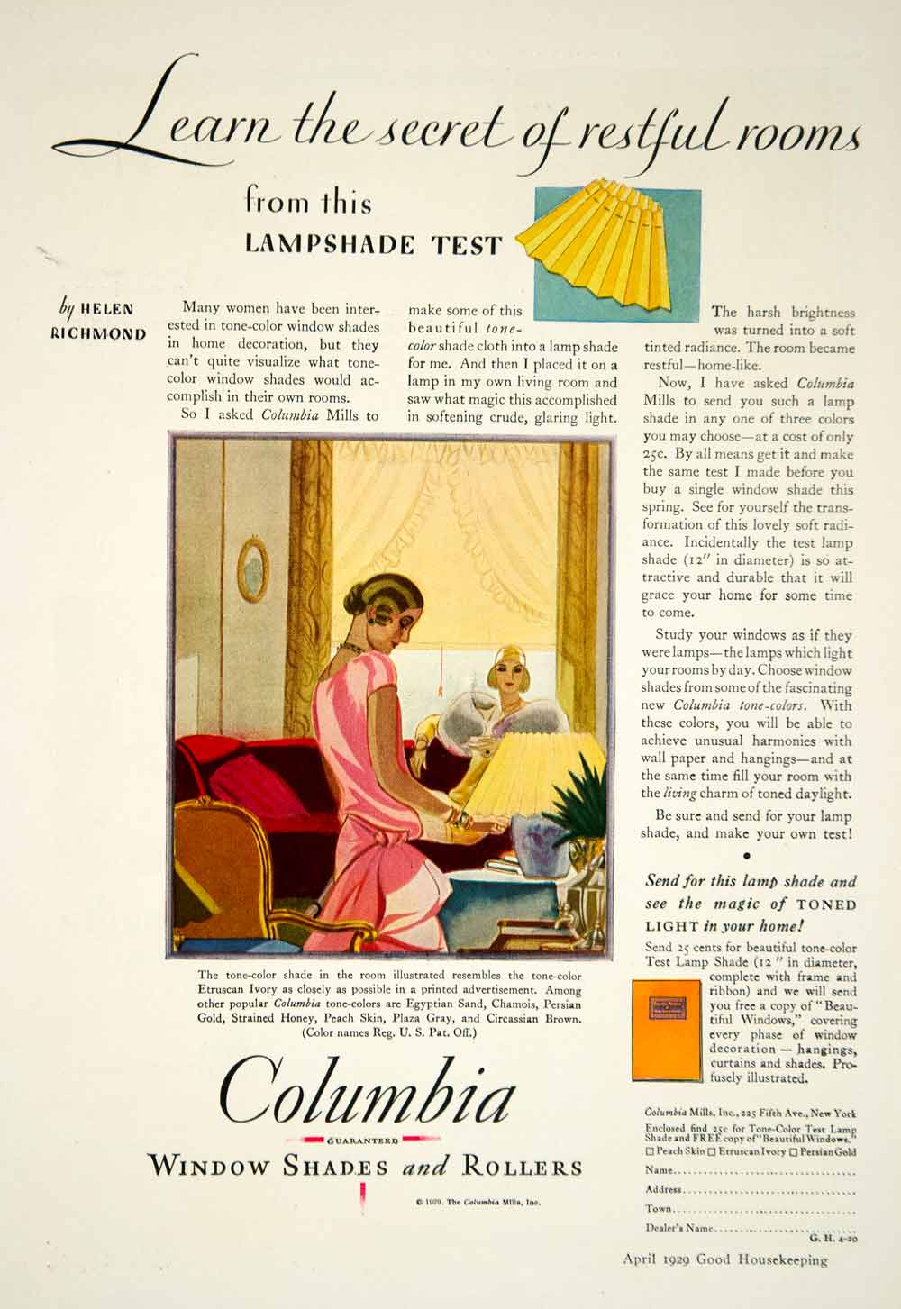 1929 Ad Columbia Mill Lampshade Art Deco House Window Shades Helen Richmond YGH1