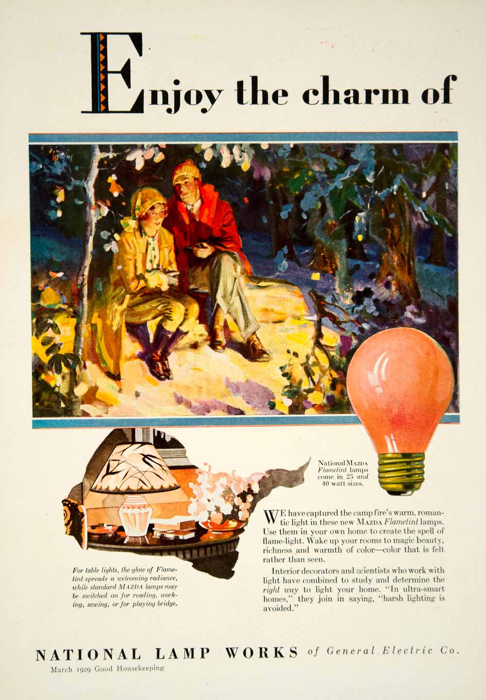 1929 Ad General Electric National Mazda Flametint Lamp Lightbulb Interior YGH1