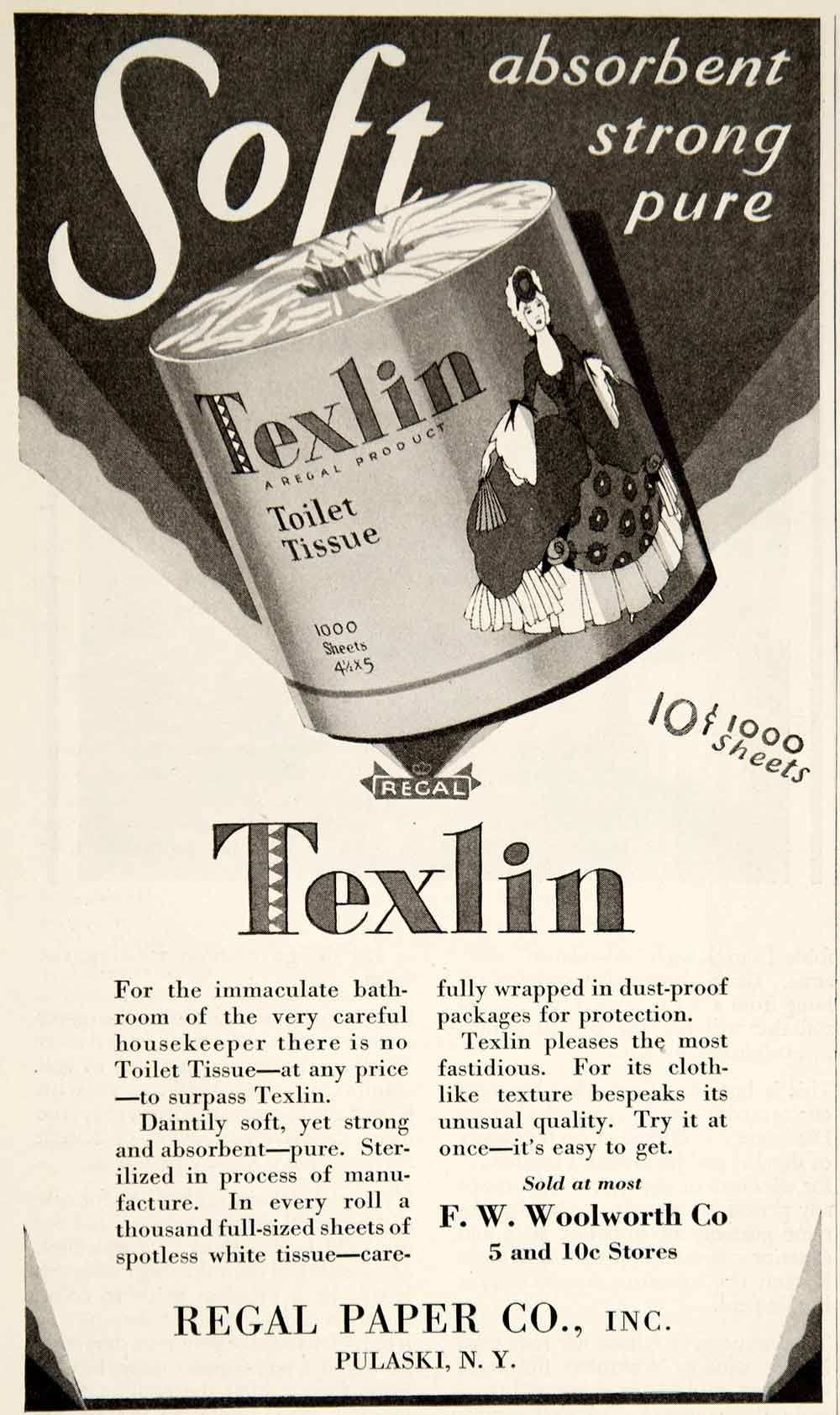 1929 Ad Regal Paper Texlin Toilet Tissue Paper Pulaski NY Home Art Dec –  Period Paper Historic Art LLC
