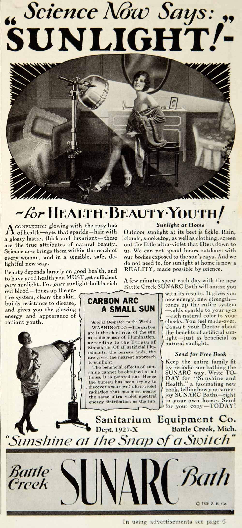 1929 Ad Battle Creek Sunarc Bath Tanning Health Beauty Medical Quackery YGH1