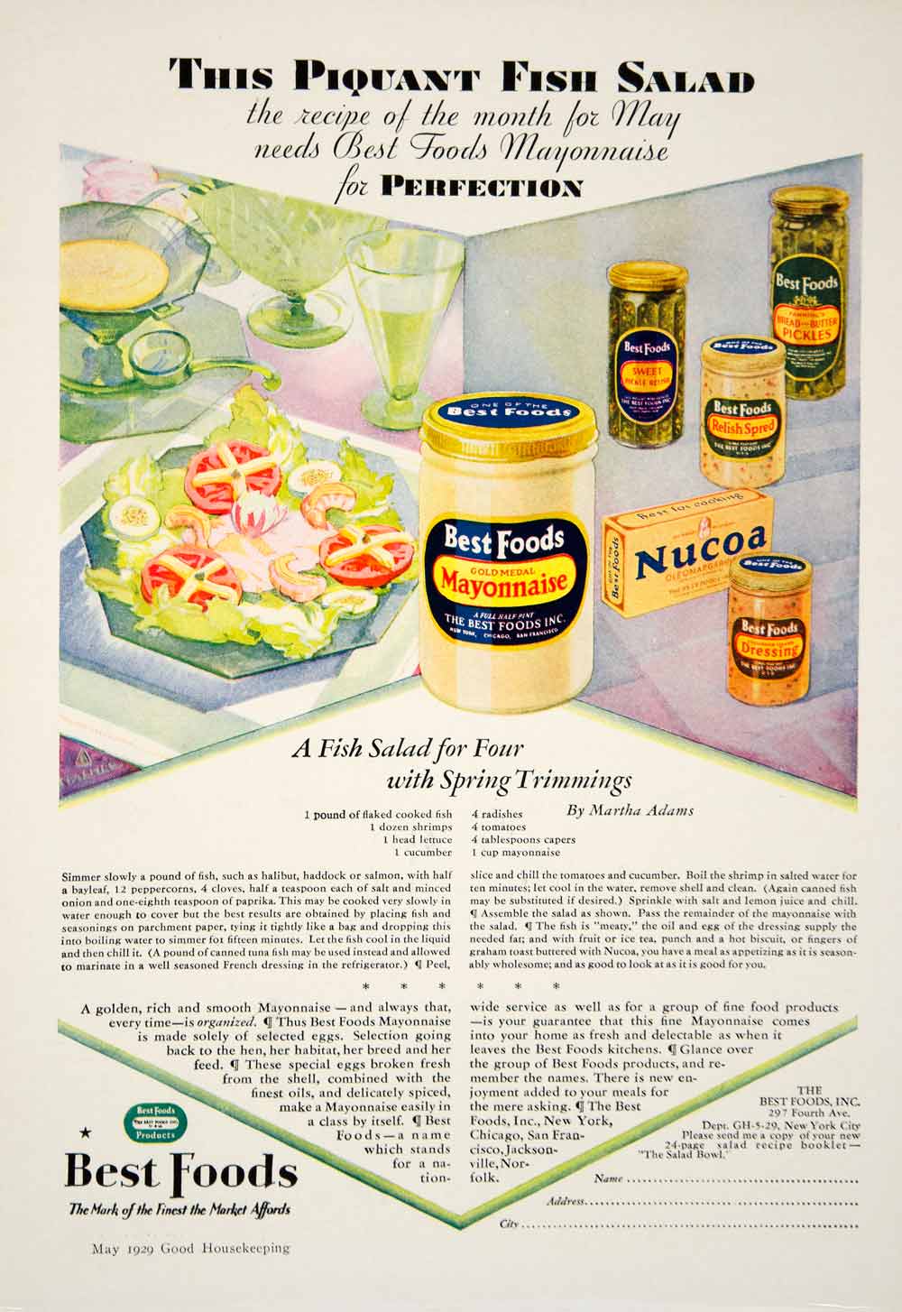 1929 Ad Best Foods Mayonnaise Nucoa Dressing Relish Piquant Fish Salad Jar YGH2