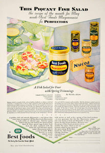 1929 Ad Best Foods Mayonnaise Nucoa Dressing Relish Piquant Fish Salad Jar YGH2