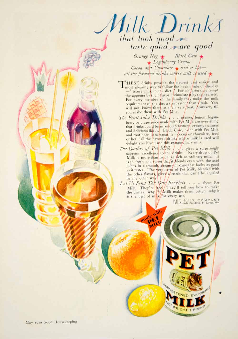1929 Ad Pet Milk Unsweetened Evaporated Milk Drinks Orange Nog Black Cow YGH2