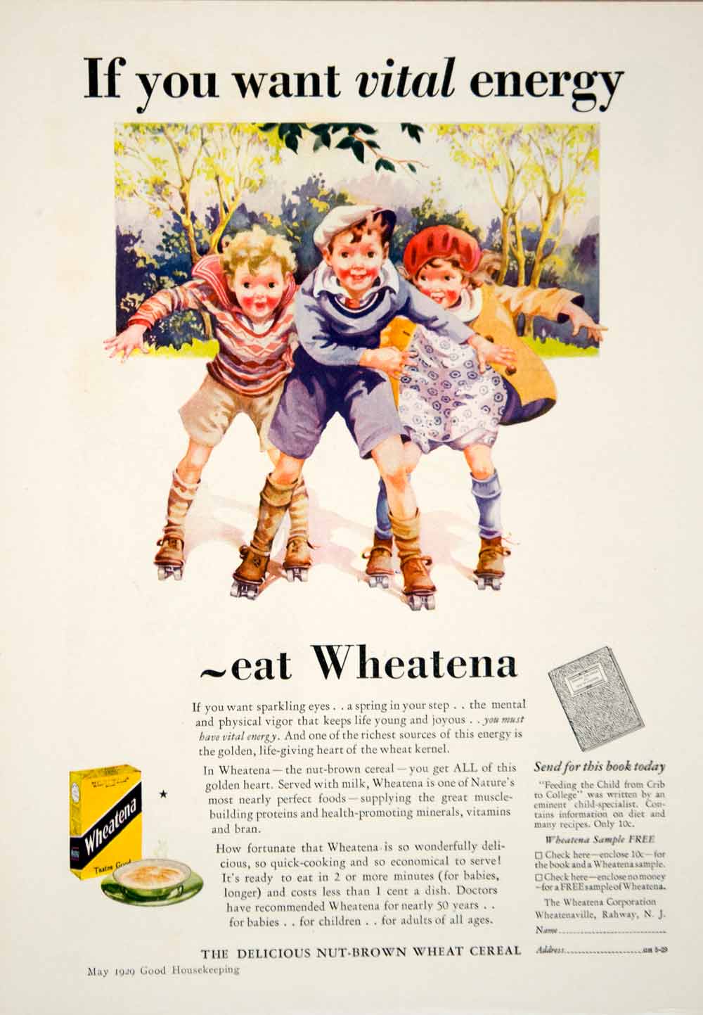 1929 Ad Children Playing Skating Wheatena Nut Brown Wheat Cereal Breakfast YGH2