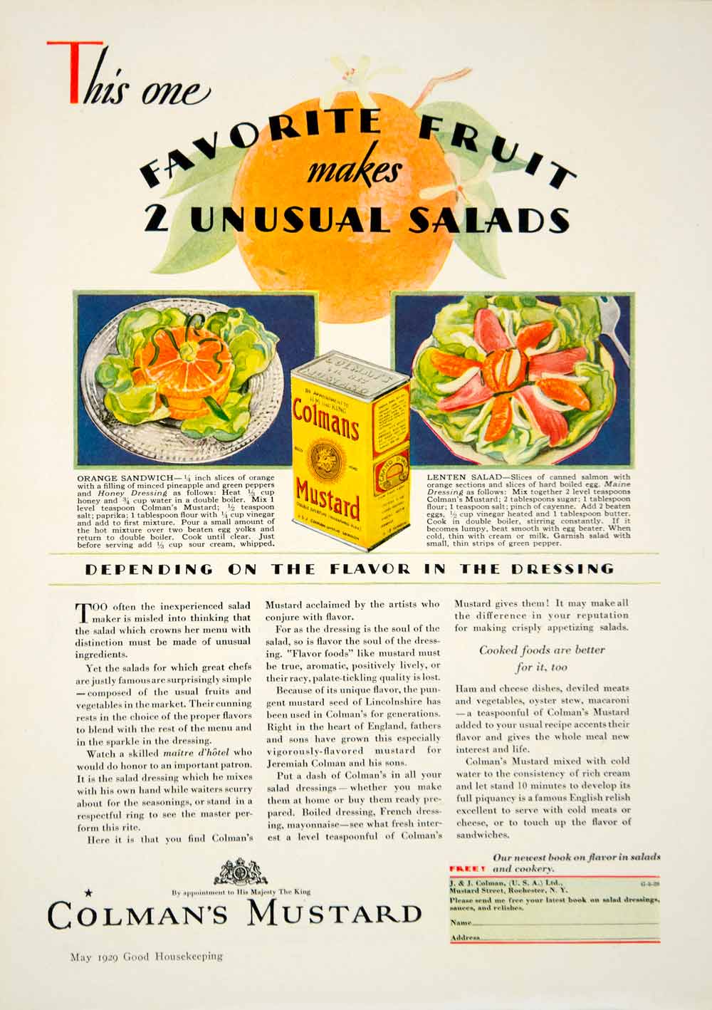 1929 Ad Colman Mustard Salad Fruit Dressing Food Rochester NY Condiments YGH2