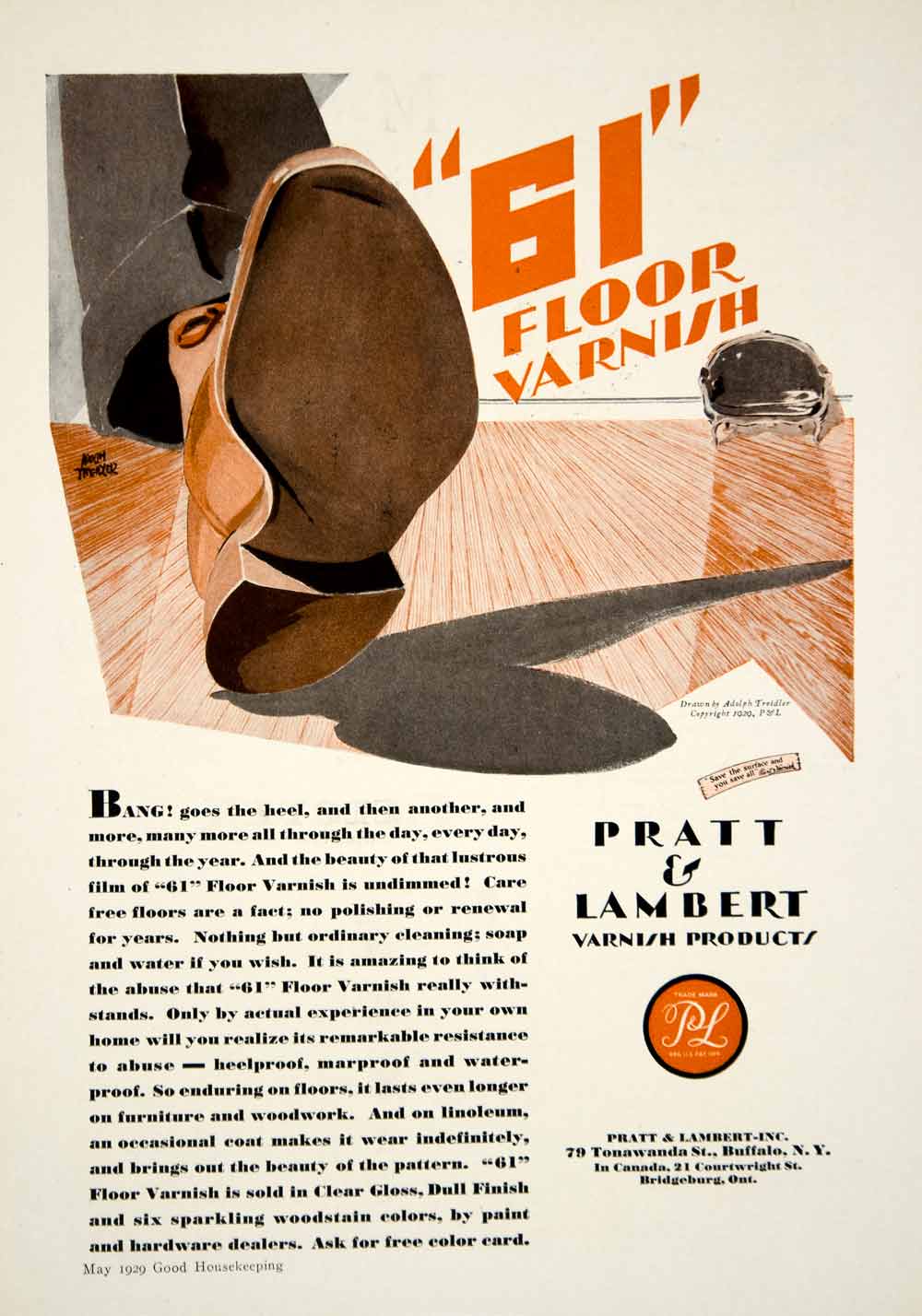 1929 Ad Adolph Treidler Pratt Lambert Varnish Products Wood Floor GI Gloss YGH2