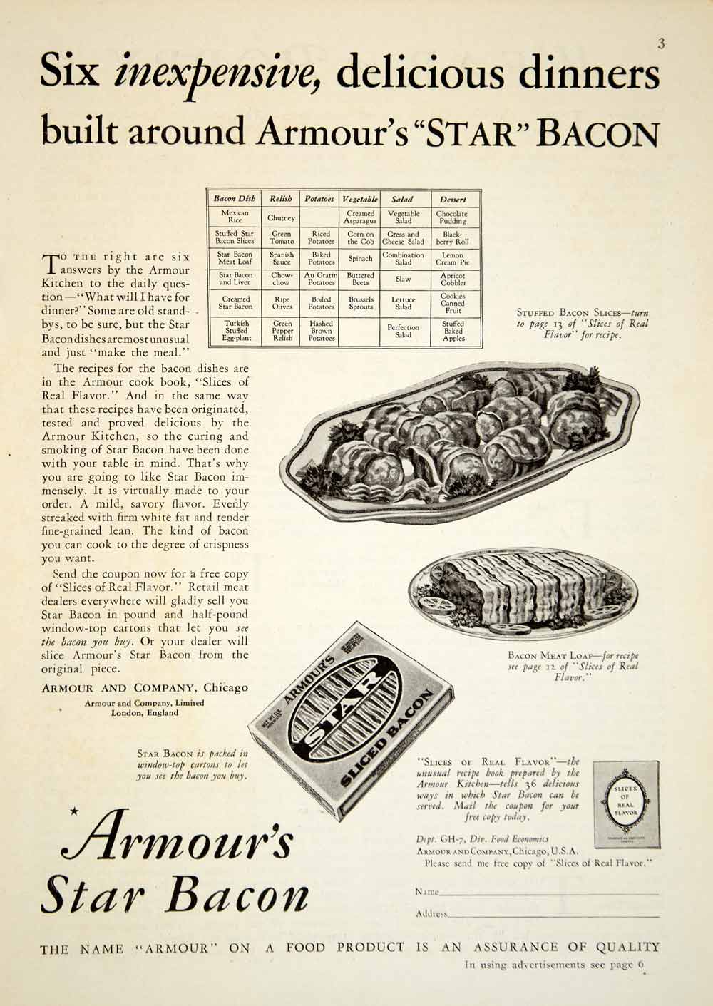 1929 Ad Armour's Star Bacon Meatloaf Stuff Slices Meat Food Platter Snack YGH2