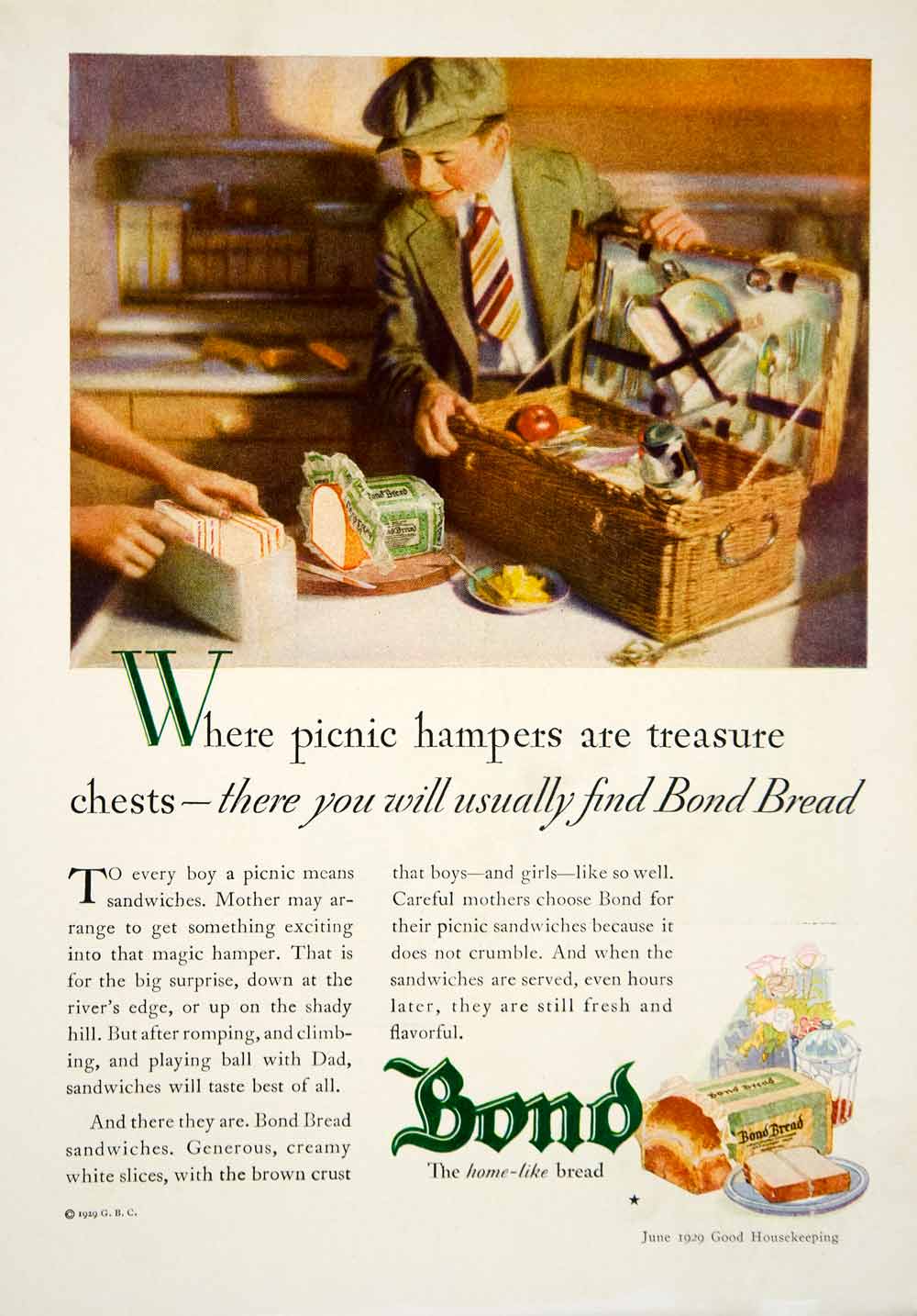 1929 Ad Picnic Basket Bond Bread Lunch Child Boy Food Sandwhich Home Like YGH2