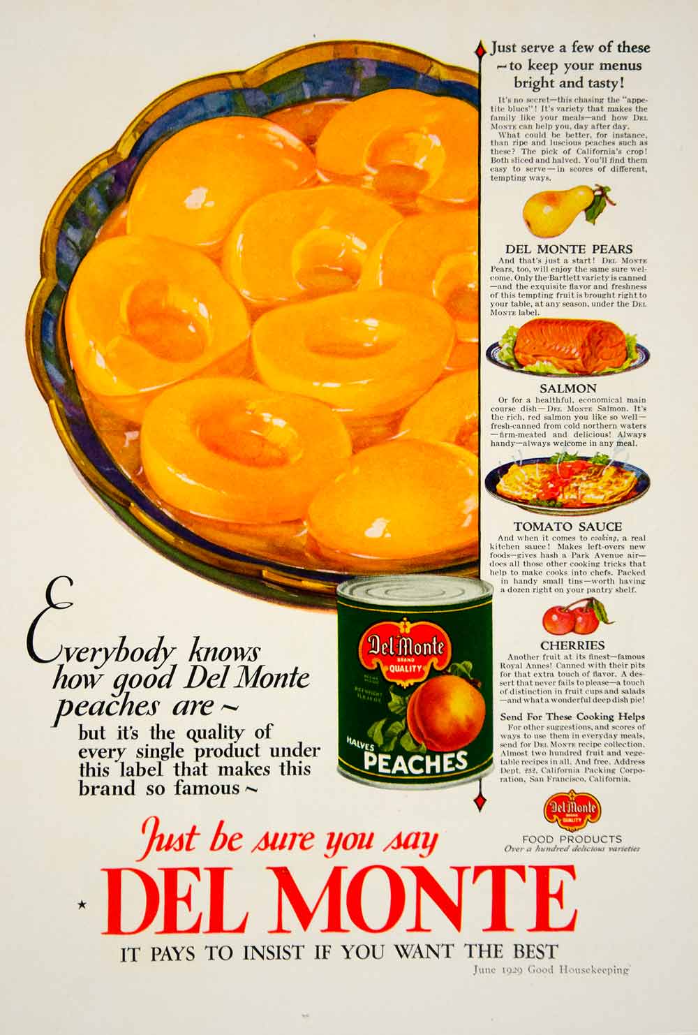 1929 Ad Del Monte Peaches Pears Canned Fruit Cherries Tomato Sauce Dishes YGH2