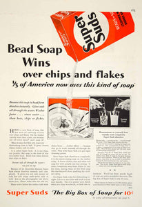 1929 Ad Super Suds Bead Soap Washing Dishes Box Cleaning Sink Stemware Red YGH2