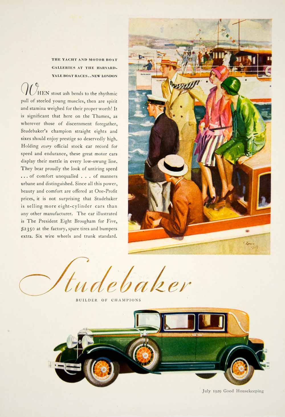 1929 Ad Studebaker Automobile Car Art Deco Ship Sail Harbor President Eight YGH2 - Period Paper
