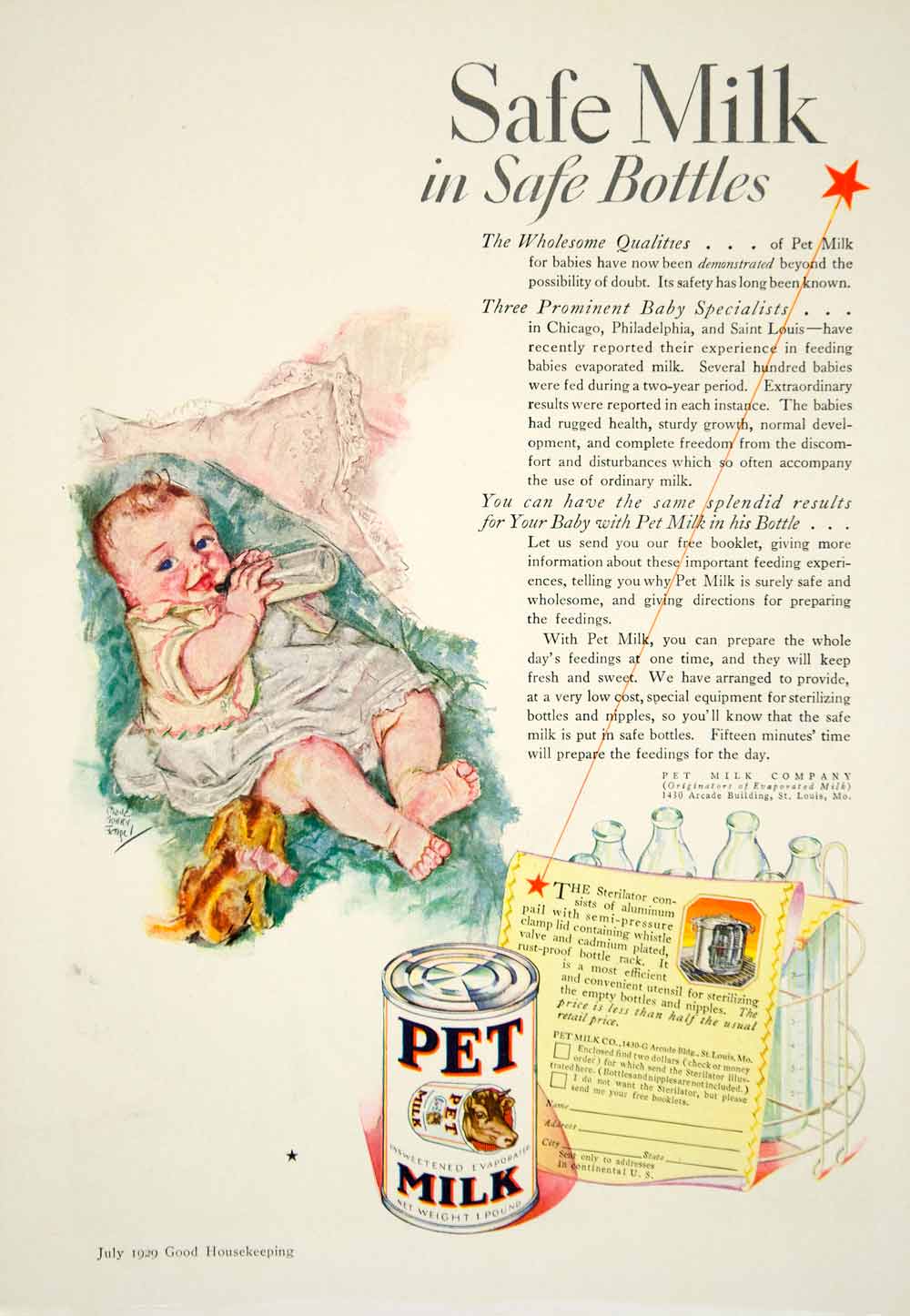 1929 Ad Pet Unsweetened Evaporated Milk Babies Infant Bottle Drink Dai