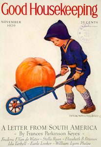 1929 Cover Jessie Willcox Smith Good Housekeeping Child Boy Pumpkin Autumn YGH3