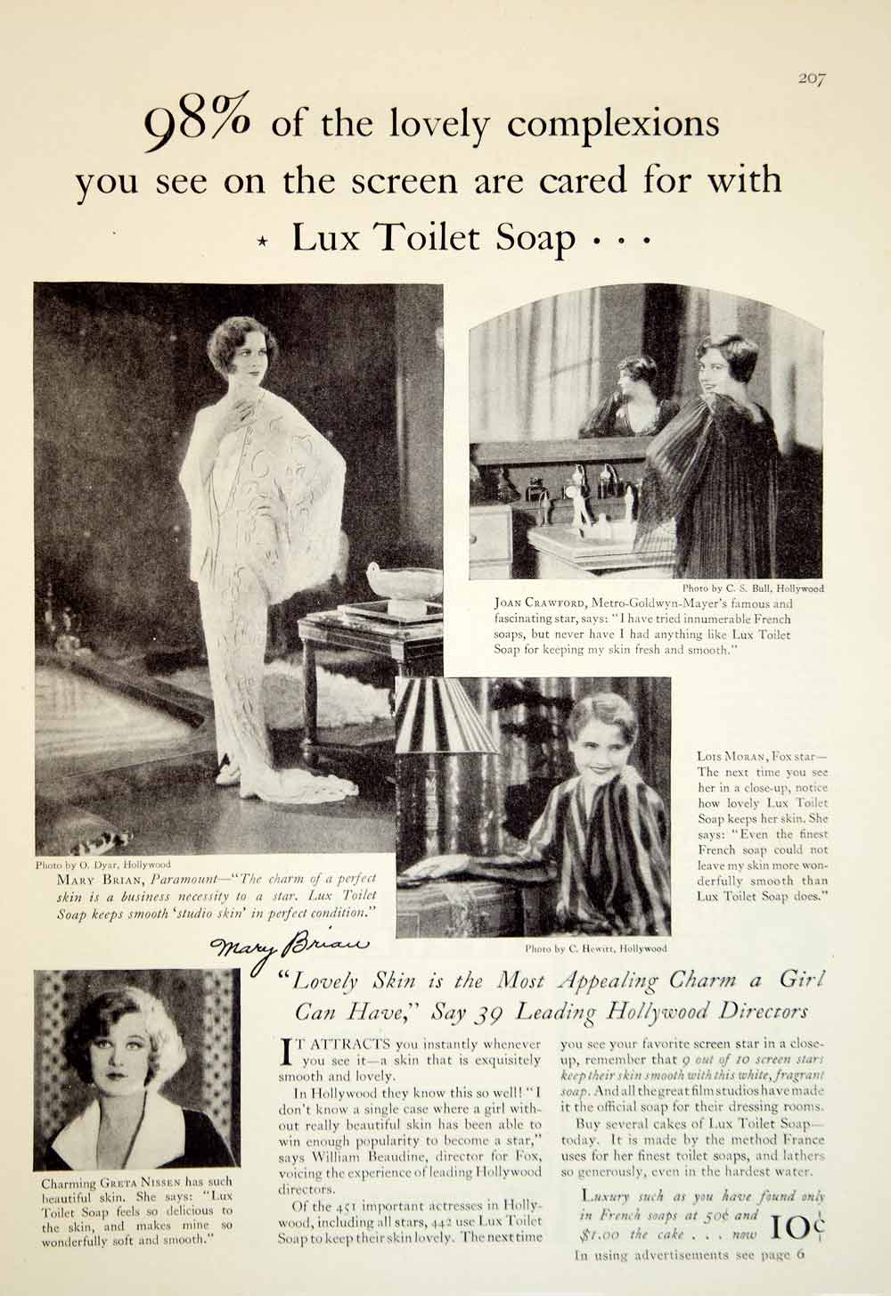 1929 Ad Lux Toilet Soap Hollywood Stars Mary Brian Joan Crawford Cleaning YGH3