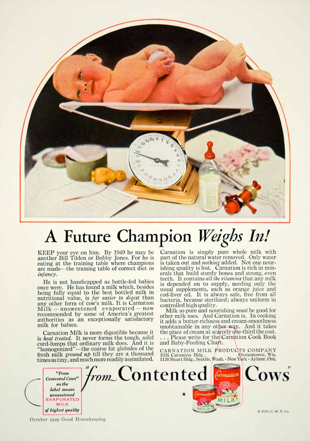 1929 Ad Carnation Evaporated Milk Baby Weigh Contented Cows Baking Healthy YGH3