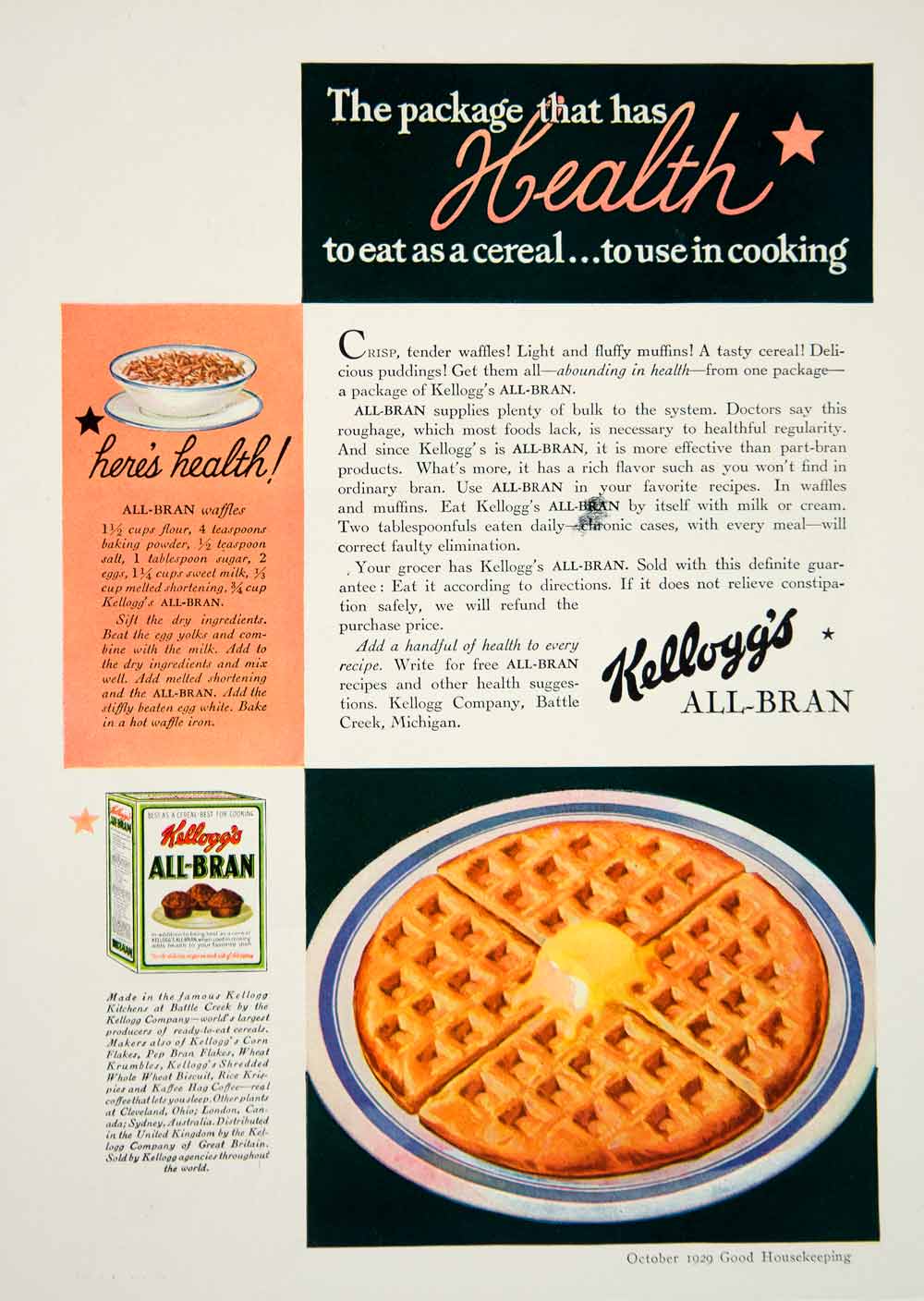 1929 Ad Kellogg's All-Bran Cereal Waffles Battle Creek Michigan Health Food YGH3