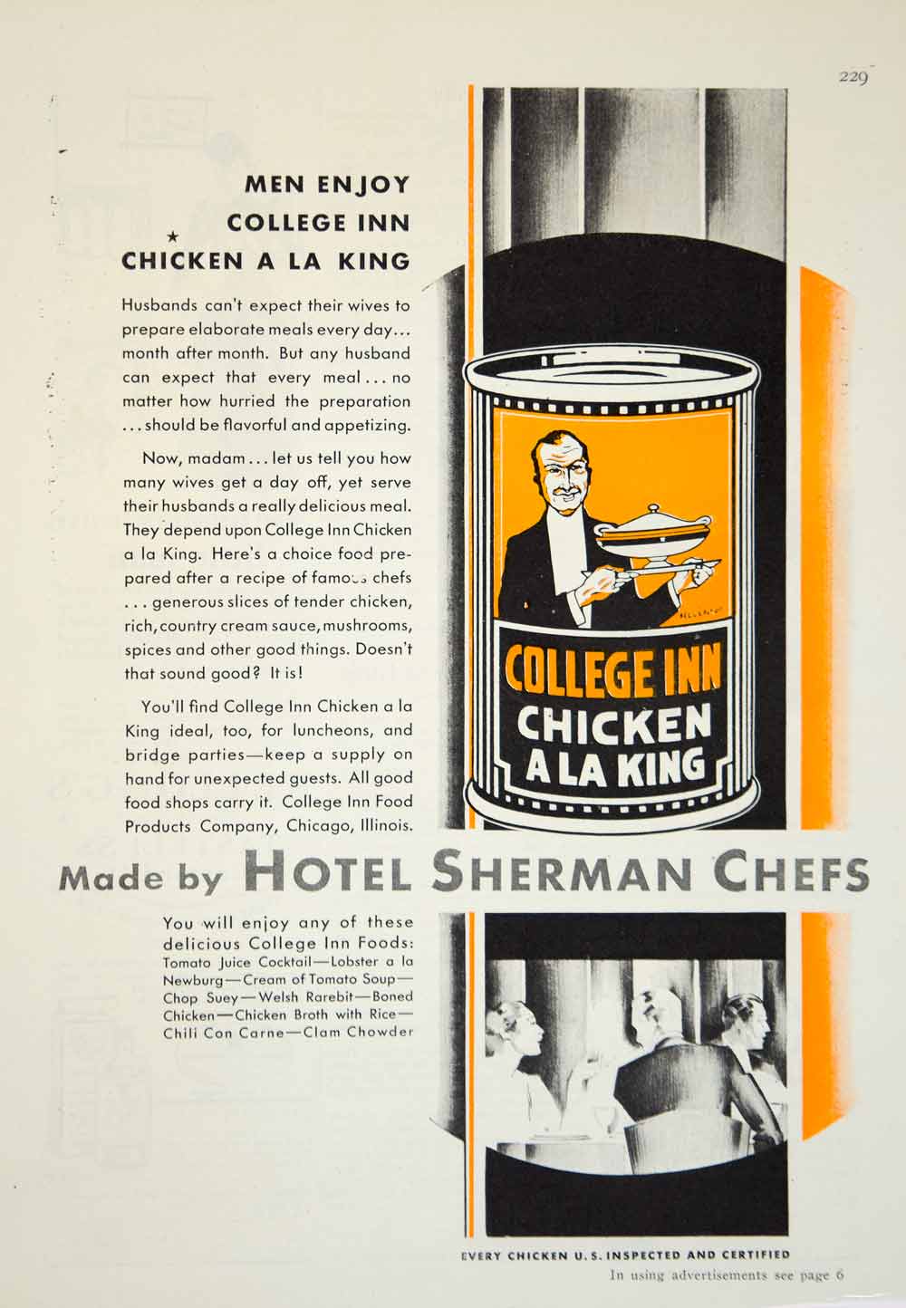 1929 Ad College Inn Chicken A La King Hotel Sherman Chefs Canned Art D ...