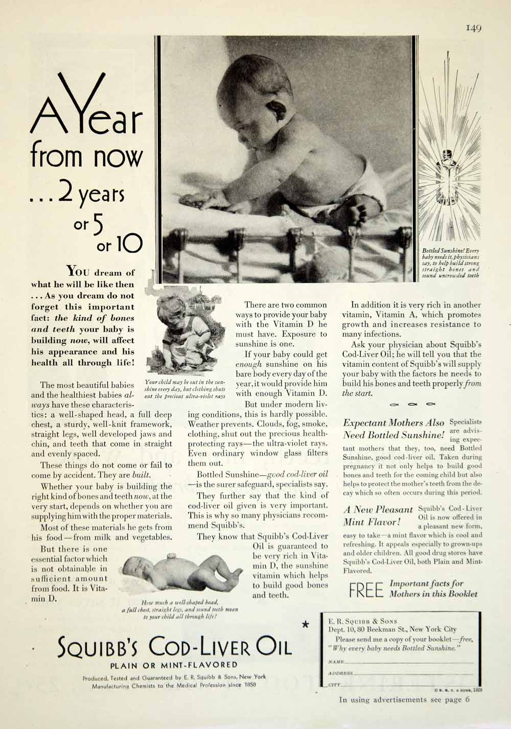 1929 Ad Squibb Cod Liver Oil Baby Health Medicine Mint Medical Child Bottle YGH3