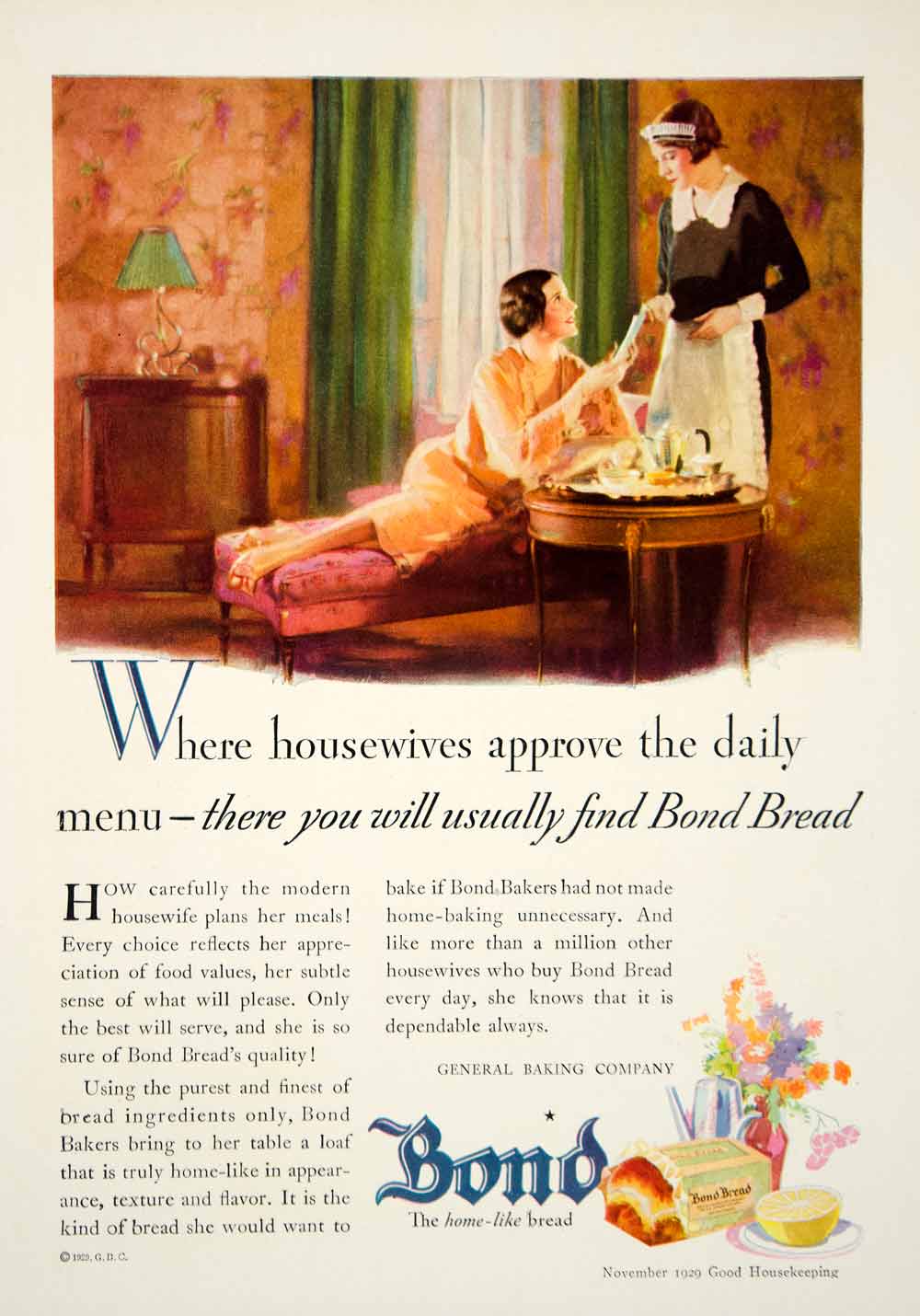 1929 Ad Bond Bread General Baking Maid Housewife Food Menu Vase Eat Dine YGH3