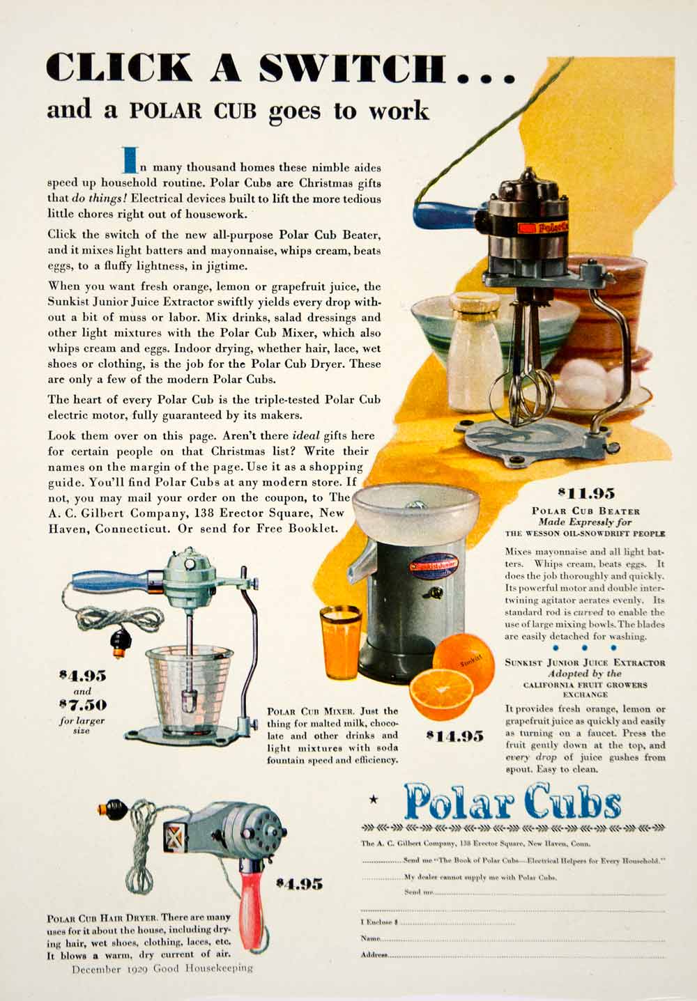 1929 Ad Polar Cubs Gilbert Household Appliance Kitchen Juicer Mixer Beater YGH3