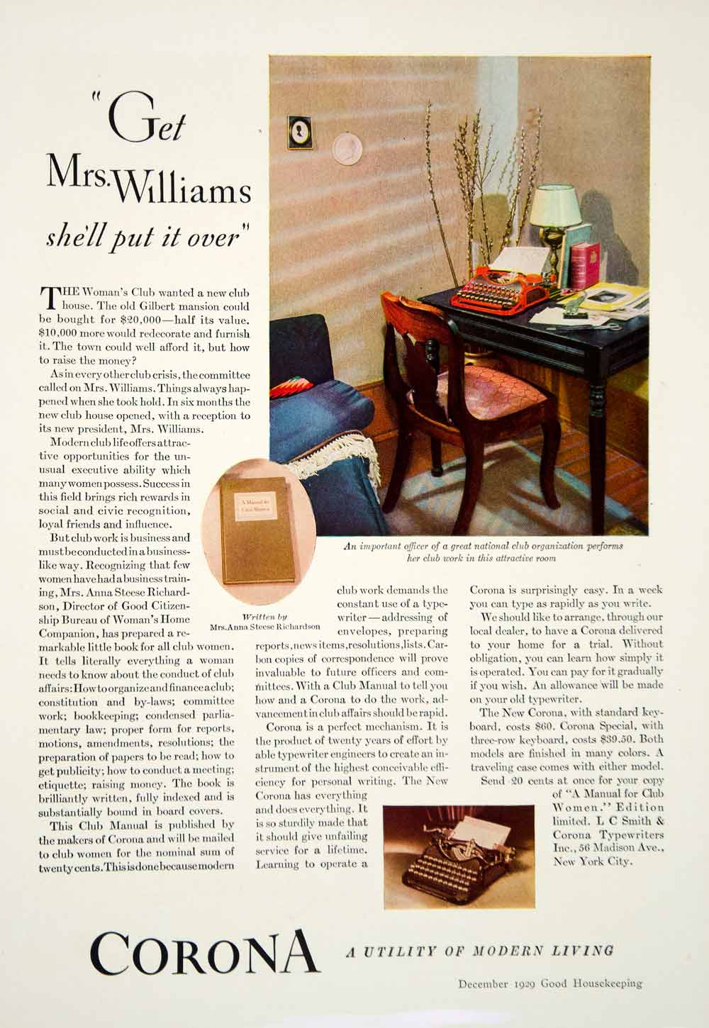1929 Ad Corona Typewriters Office Desk Mrs. Williams Anna Steese Richardson YGH3