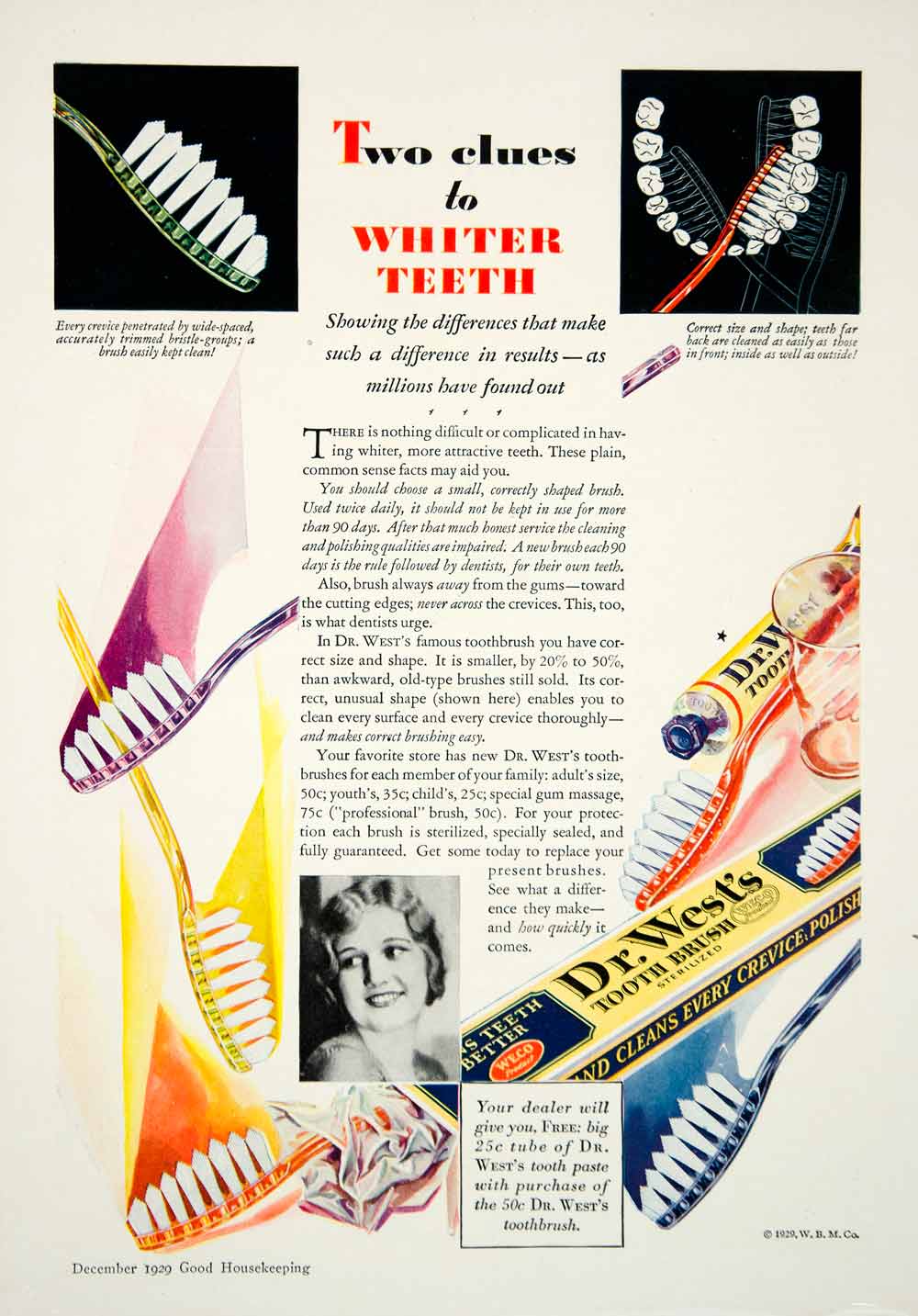 1929 Ad Dr. West Toothbrush Toothpaste Modern Dental Hygiene Whiter Teeth YGH3