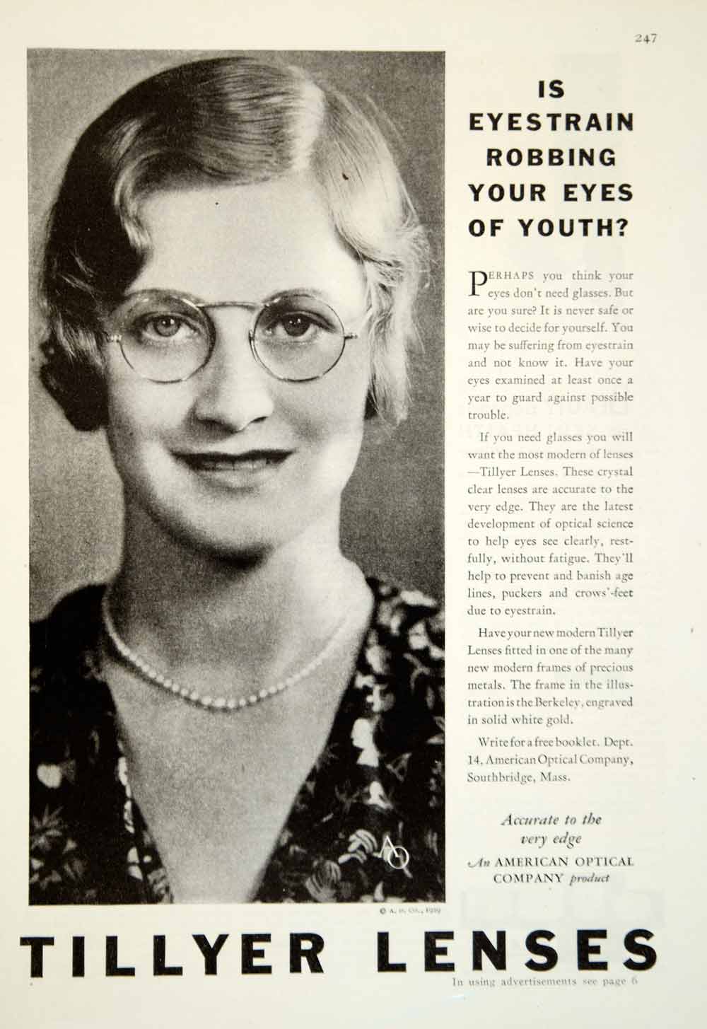 1929 Ad Tillyer Lenses Glasses Eyewear American Optical Portrait Eye Modern YGH3