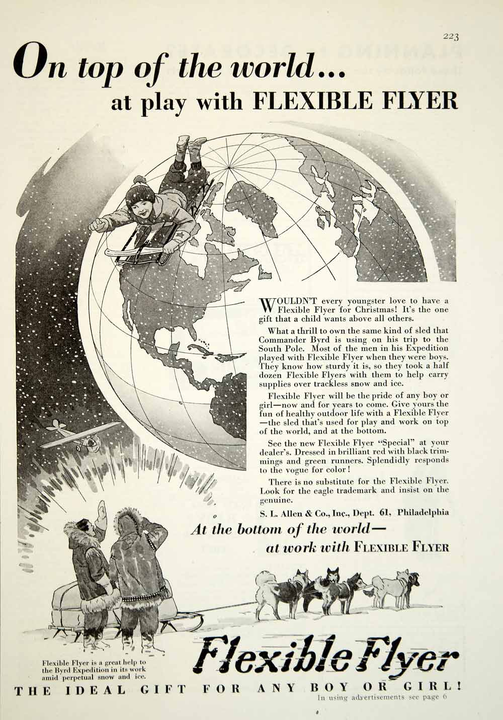 1929 Ad Flexible Flyer Sled Christmas Present Gift World Globe Snow Toy Dog YGH3