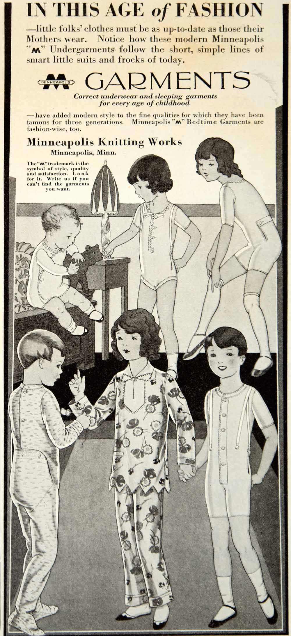 1929 Ad Underwear Pajamas Children Clothing Minneapolis Knitting Works Kids YGH3