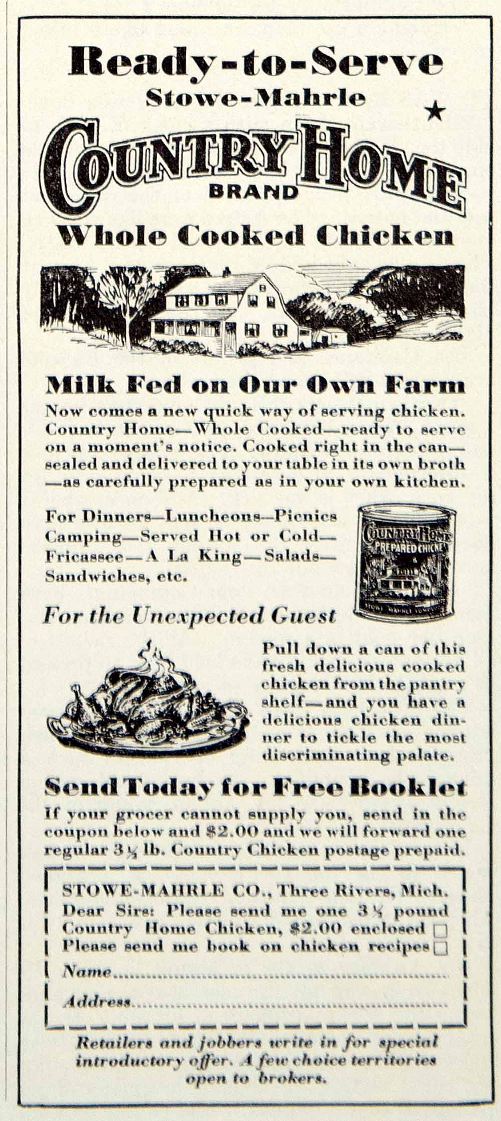 1929 Ad Country Home Brand Whole Cooked Chicken Ready To Serve Canned Food YGH3