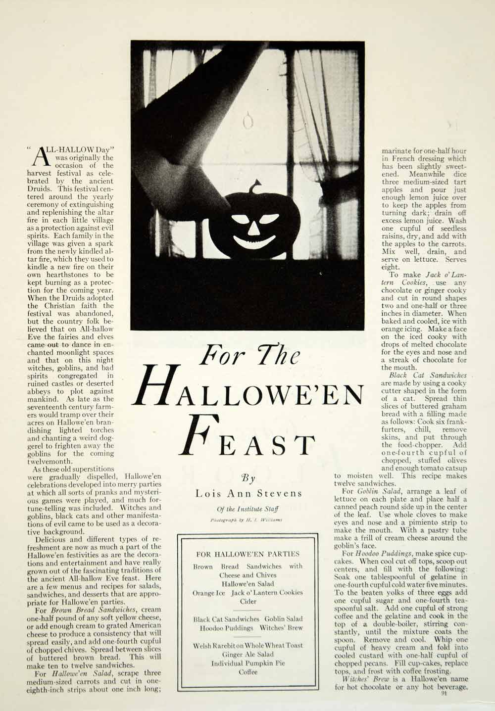 1929 Article Halloween Feast Pumpkin Party Food Lois Ann Stevens Witch Hat YGH3