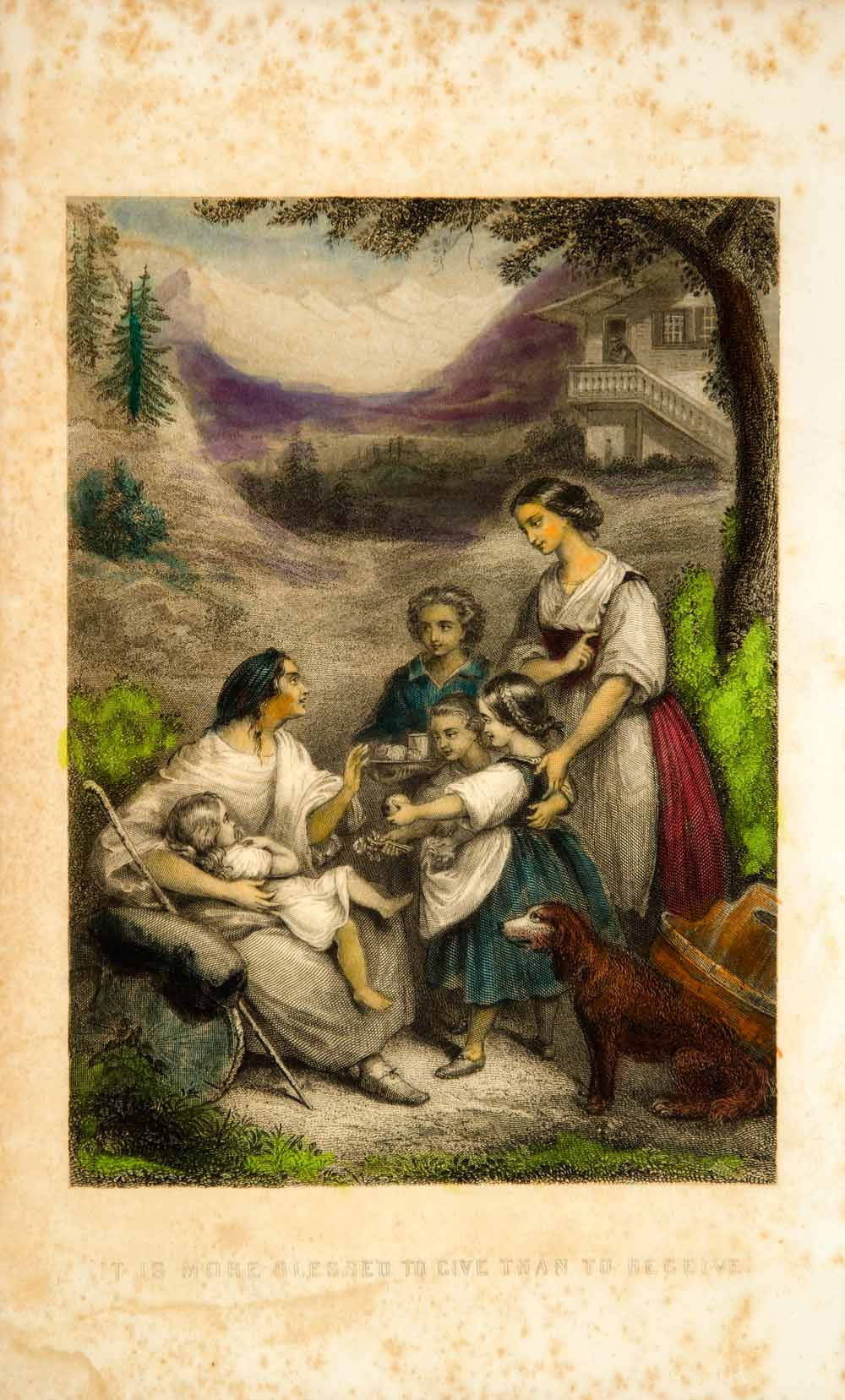 1862 Steel Engraving Hand Tinted More Blessed to Give than Receive Bible YGLB1