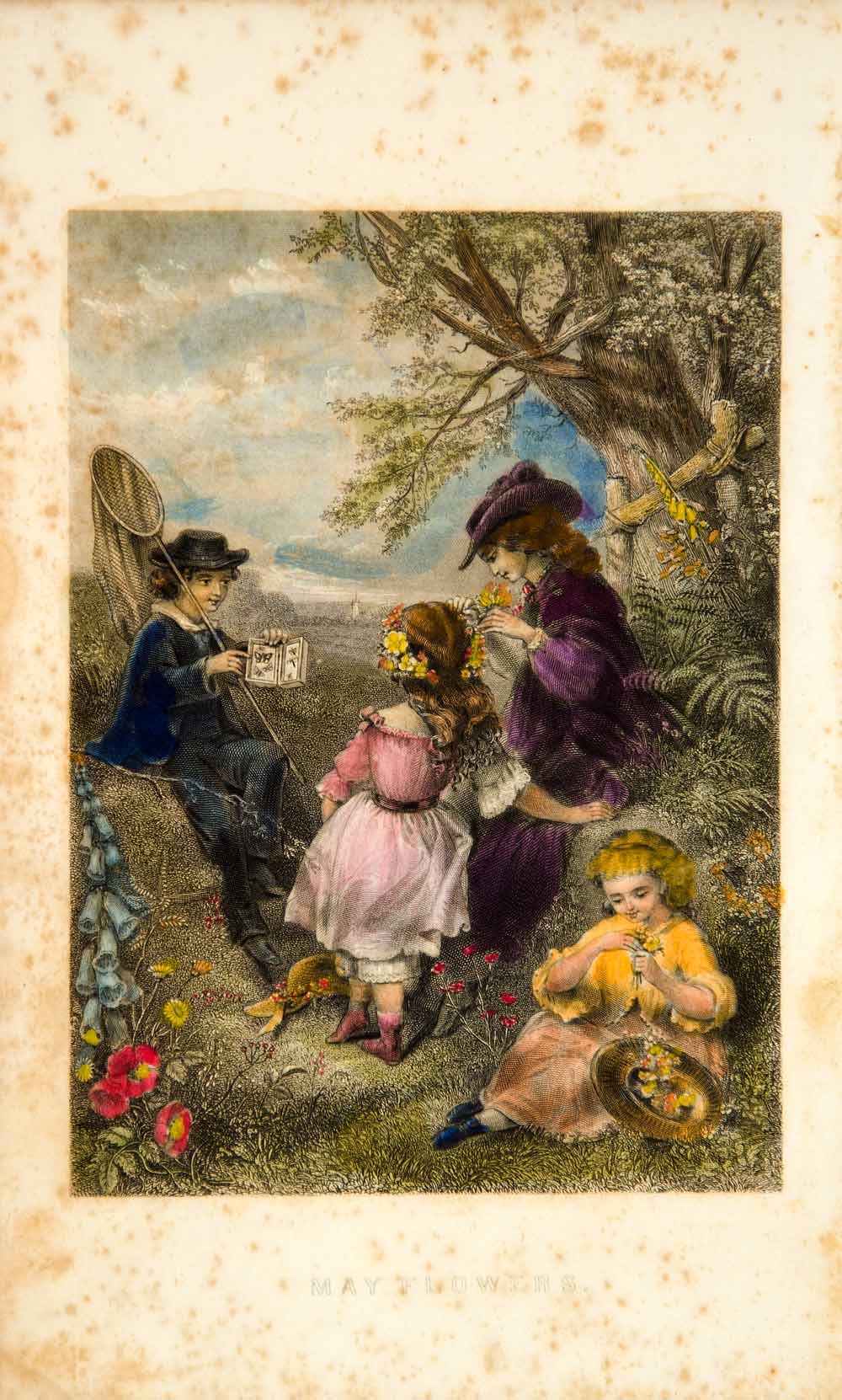 1862 Steel Engraving May Flowers Victorian Children Playing Fashion Hand YGLB1