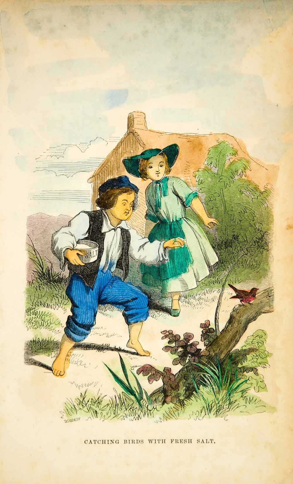 1862 Wood Engraving Hand Tinted Victorian Children Catching Bird Salting YGLB1
