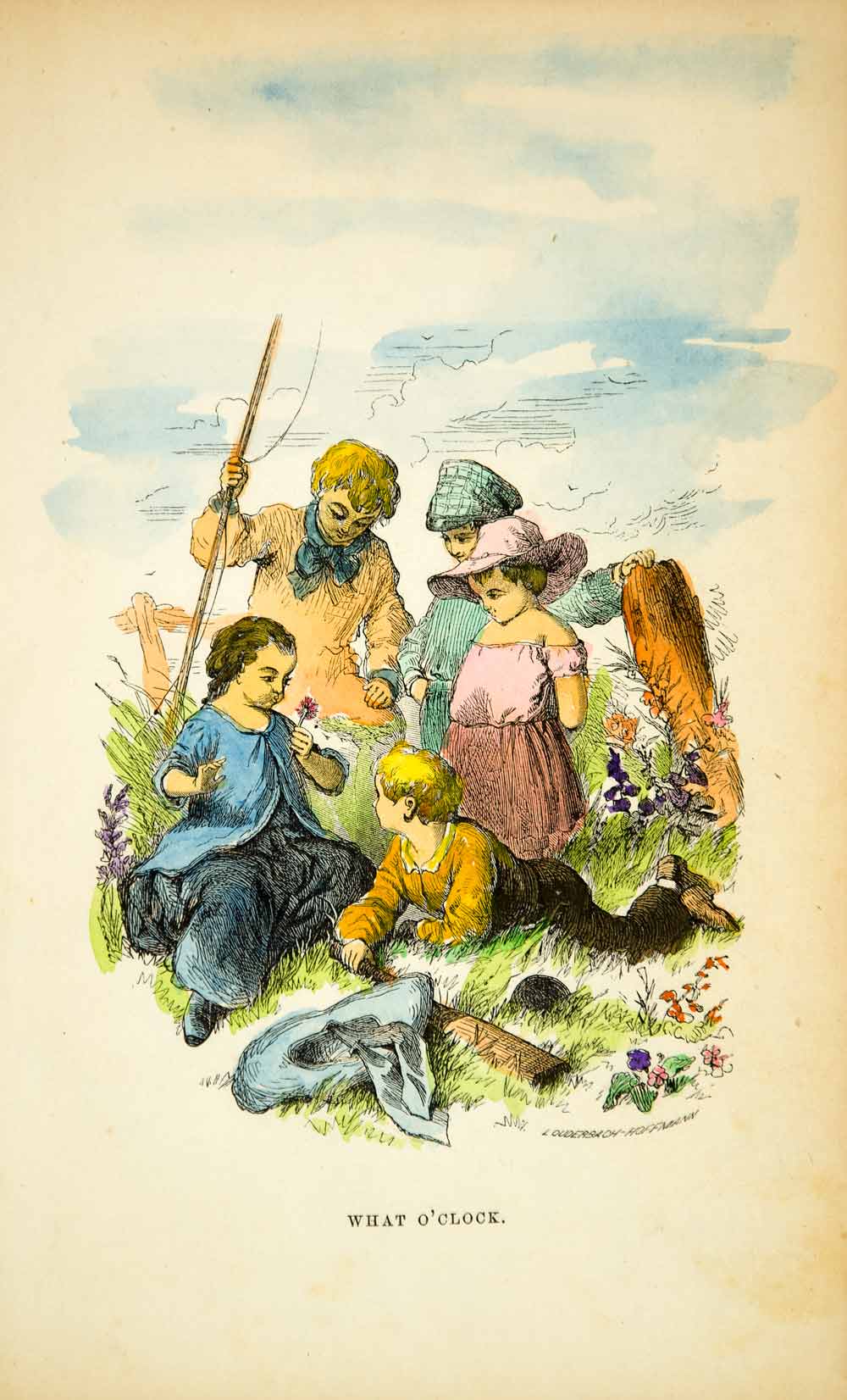 1862 Wood Engraving Hand Tinted Victorian Children Playing Summer Field YGLB1