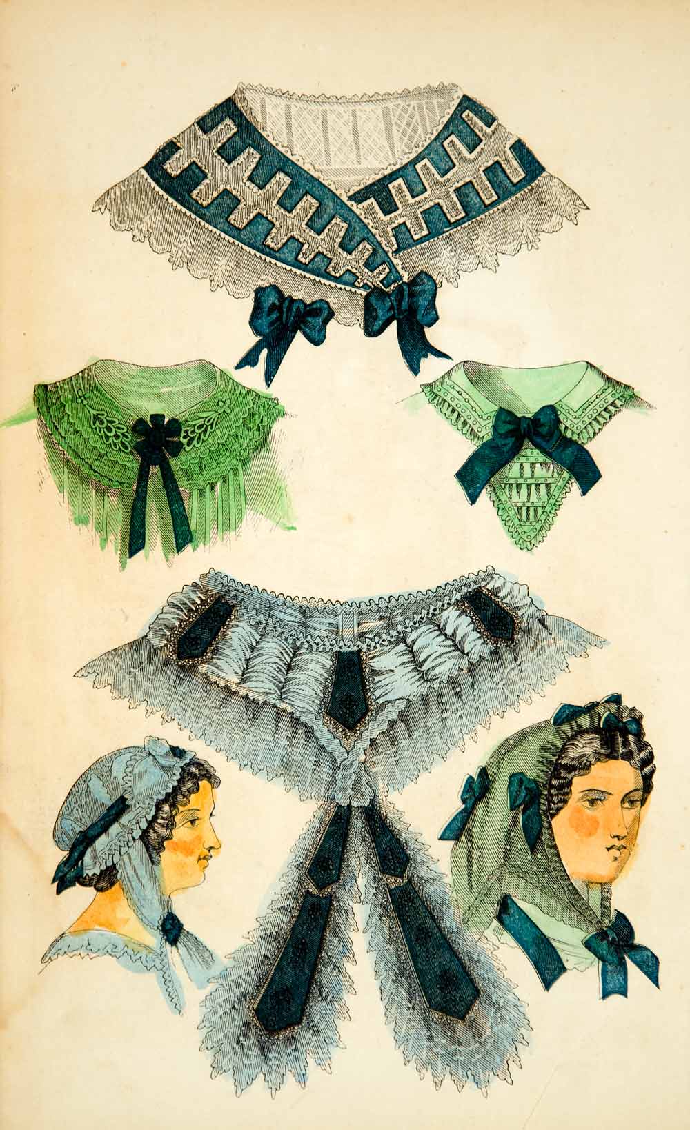 1862 Wood Engraving Victorian Dress Fashion Fichu Collar Bertha Breakfast YGLB1