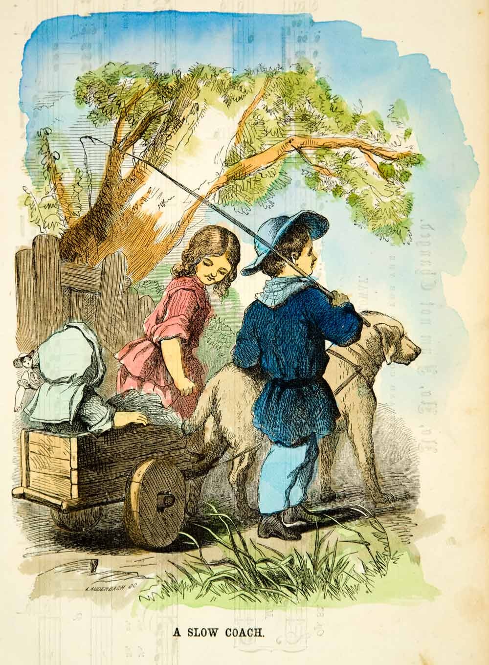 1862 Wood Engraving Victorian Children Play Playing Dog Cart Hand Tinted YGLB1