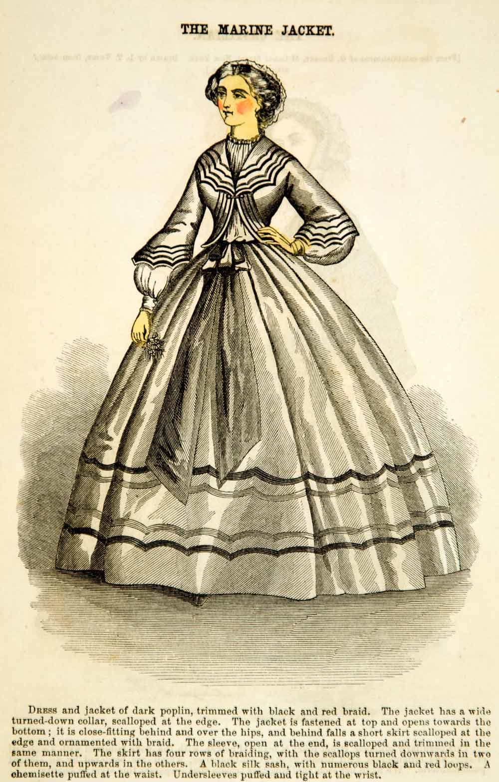 1862 Wood Engraving Victorian Dress Marine Jacket Trimming Godey's Fashion YGLB1