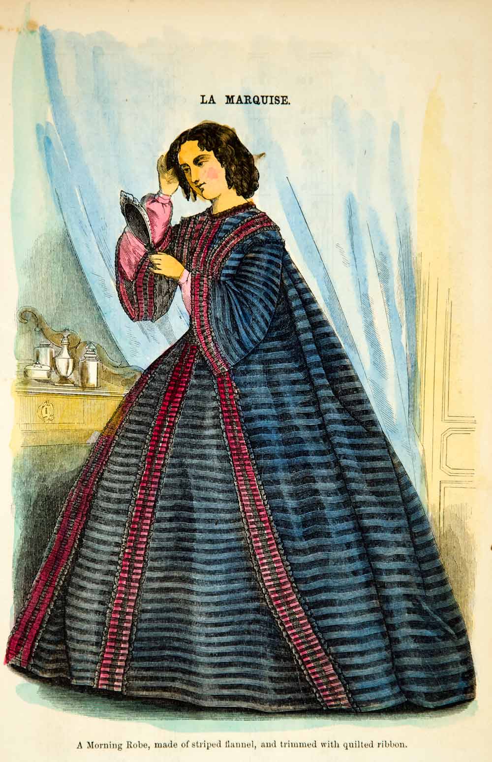 1862 Wood Engraving Victorian Lady Morning Robe Godey's Fashion Plate YGLB1