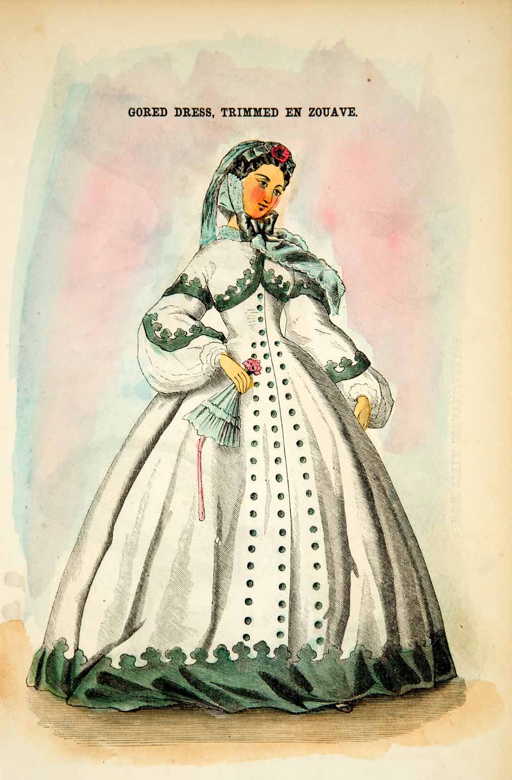 1862 Wood Engraving Victorian Dress Trimmed En Zouave Godey's Fashion YGLB1