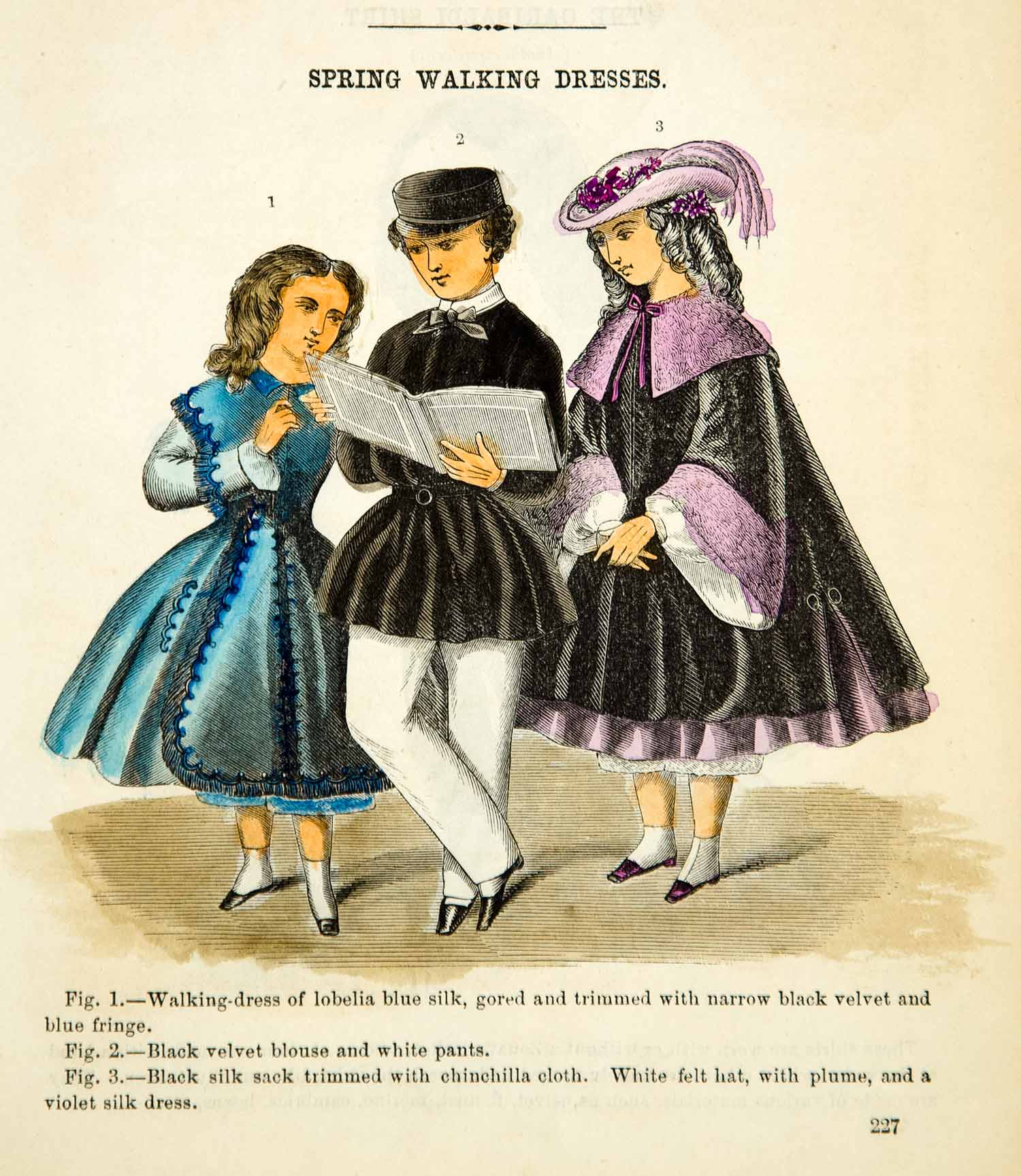 1862 Wood Engraving Victorian Fashion Children Spring Walking Dress Hat YGLB1